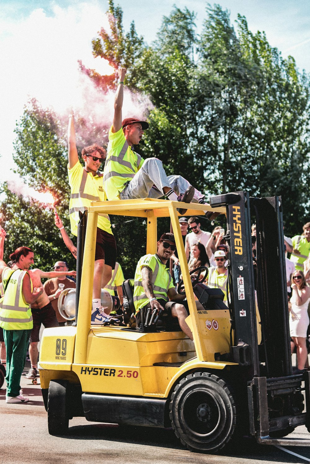 a group of people on a truck