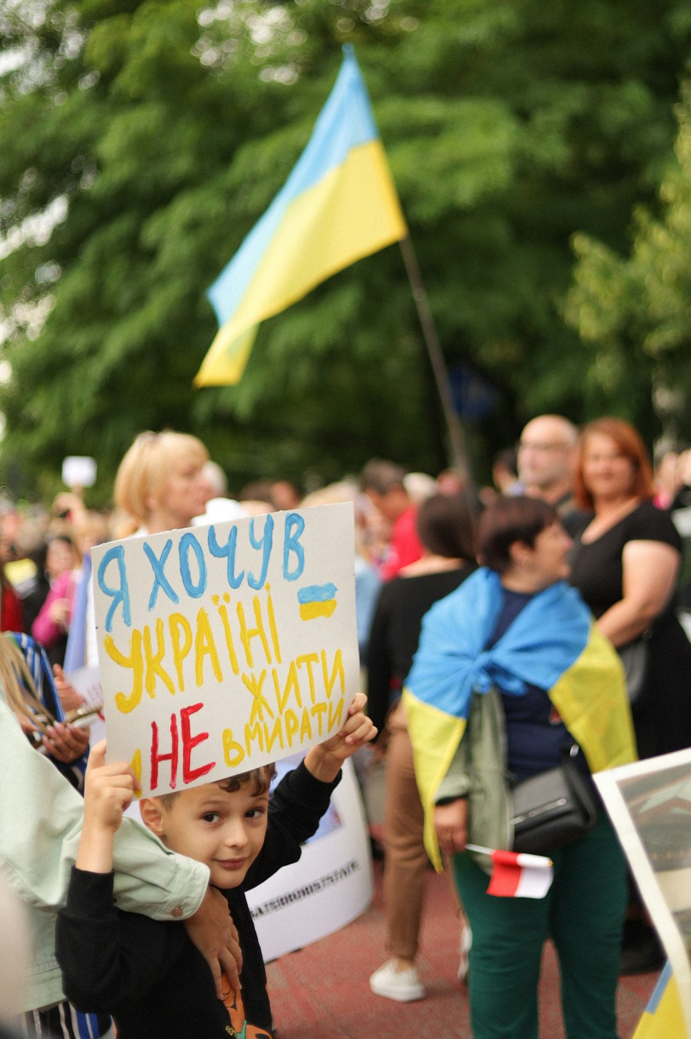 a group of people holding signs and flags