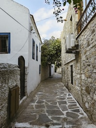 a cobblestone street between two buildings