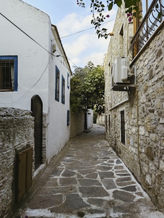 a cobblestone street between two buildings