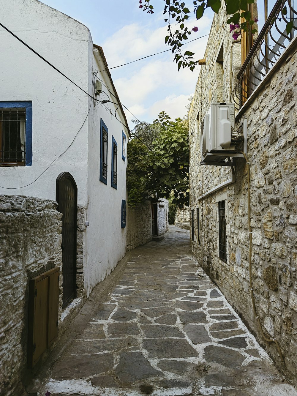 a cobblestone street between two buildings