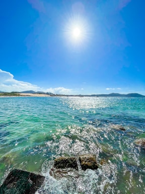 a body of water with rocks and a sunny day