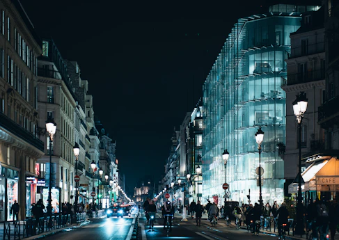 a busy street at night