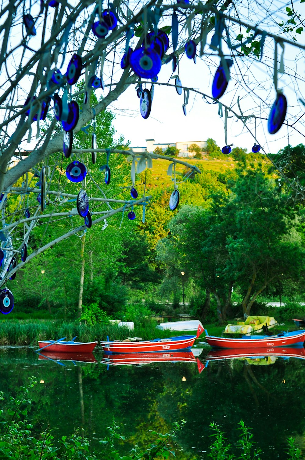 a group of boats on a river