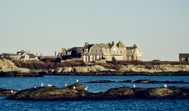 A large house with a traditional design is situated on a rocky coastline. Seagulls perch on the rocks in the foreground, with a calm blue sea surrounding them. The landscape is bathed in warm light, suggesting either early morning or late afternoon.