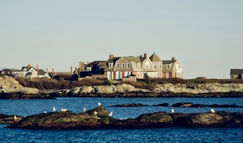 A large house with a traditional design is situated on a rocky coastline. Seagulls perch on the rocks in the foreground, with a calm blue sea surrounding them. The landscape is bathed in warm light, suggesting either early morning or late afternoon.