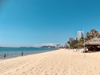 a sandy beach with buildings and trees