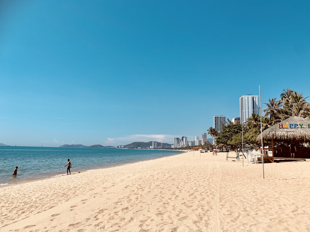 a sandy beach with buildings and trees