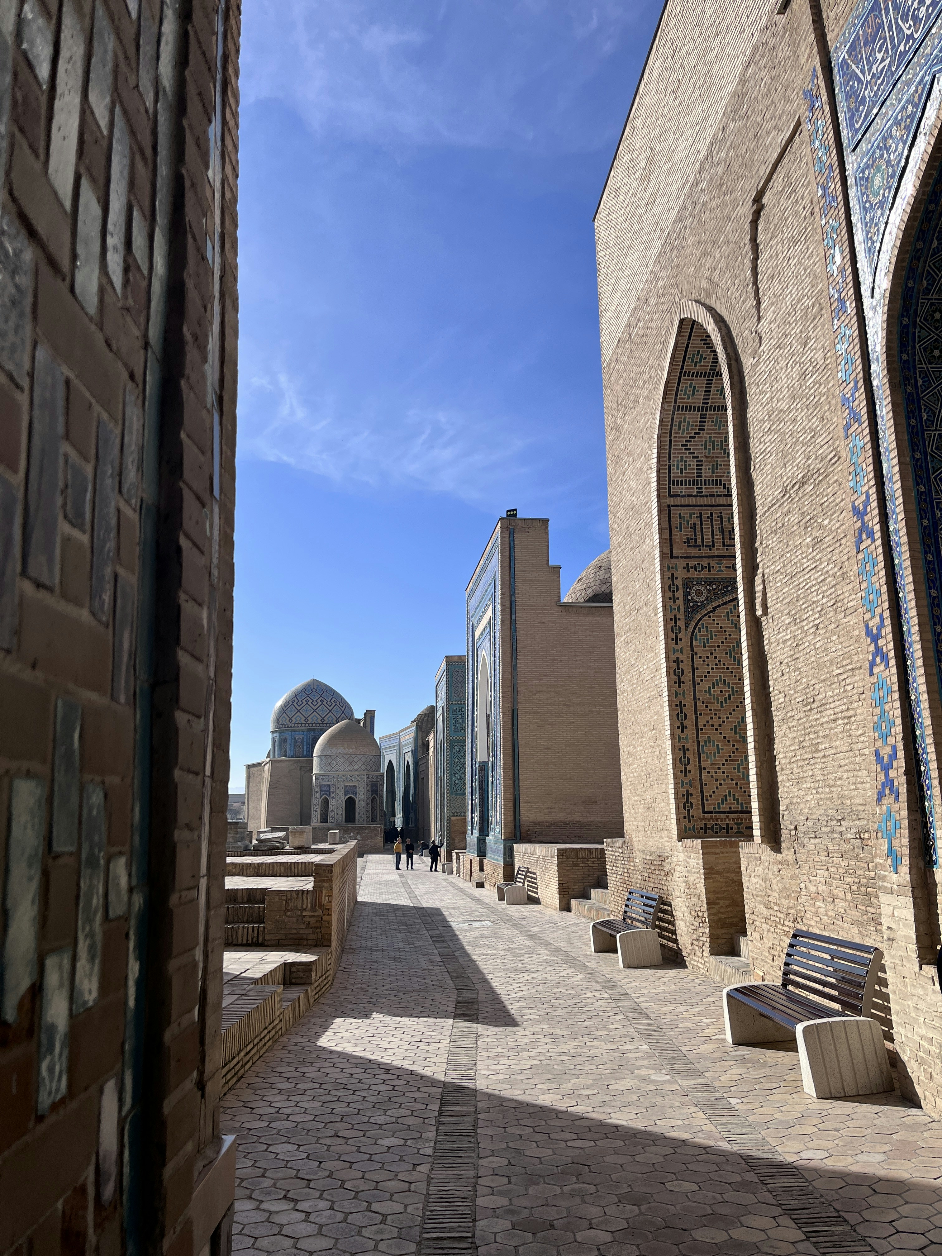 a street with benches and buildings