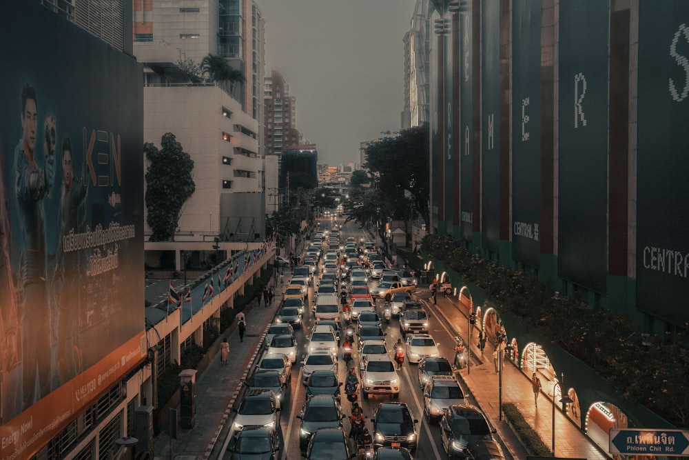 a busy street with cars and people