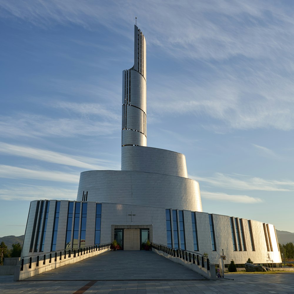 a white building with a tower