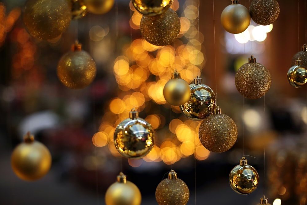 a group of gold and silver ornaments