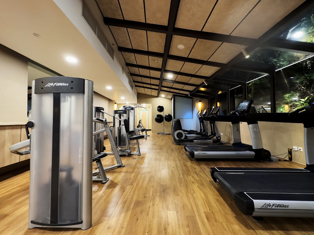 a gym with treadmills