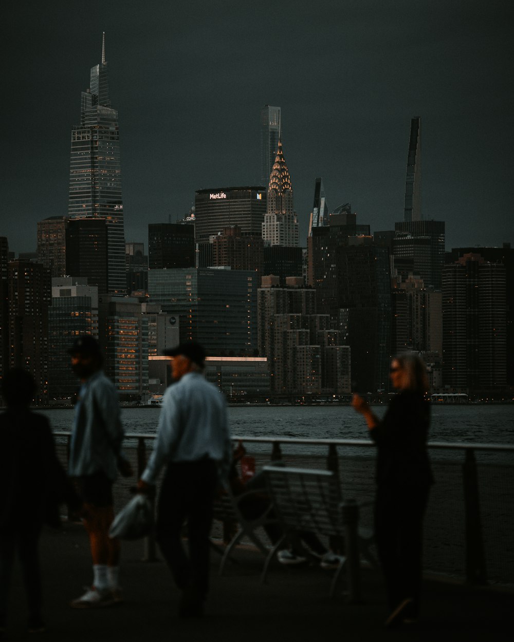 a group of people standing on a dock with a city skyline in the background
