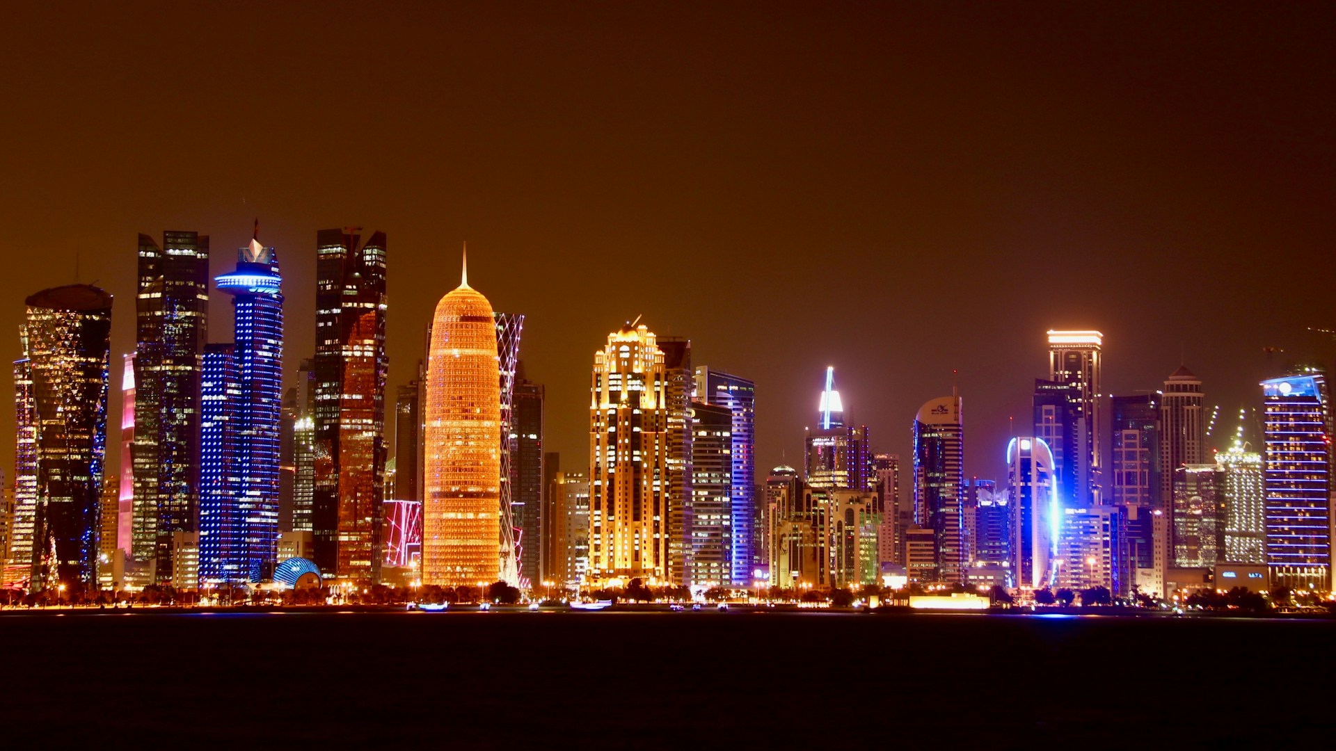 a city skyline at night