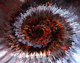 A dynamic, abstract composition featuring a spiral vortex at the center. The image consists of an array of elongated rectangular shapes radiating outward, creating a sense of movement. The colors range from dark reds and blacks to light blues and whites, blending into each other to form a visually striking pattern.