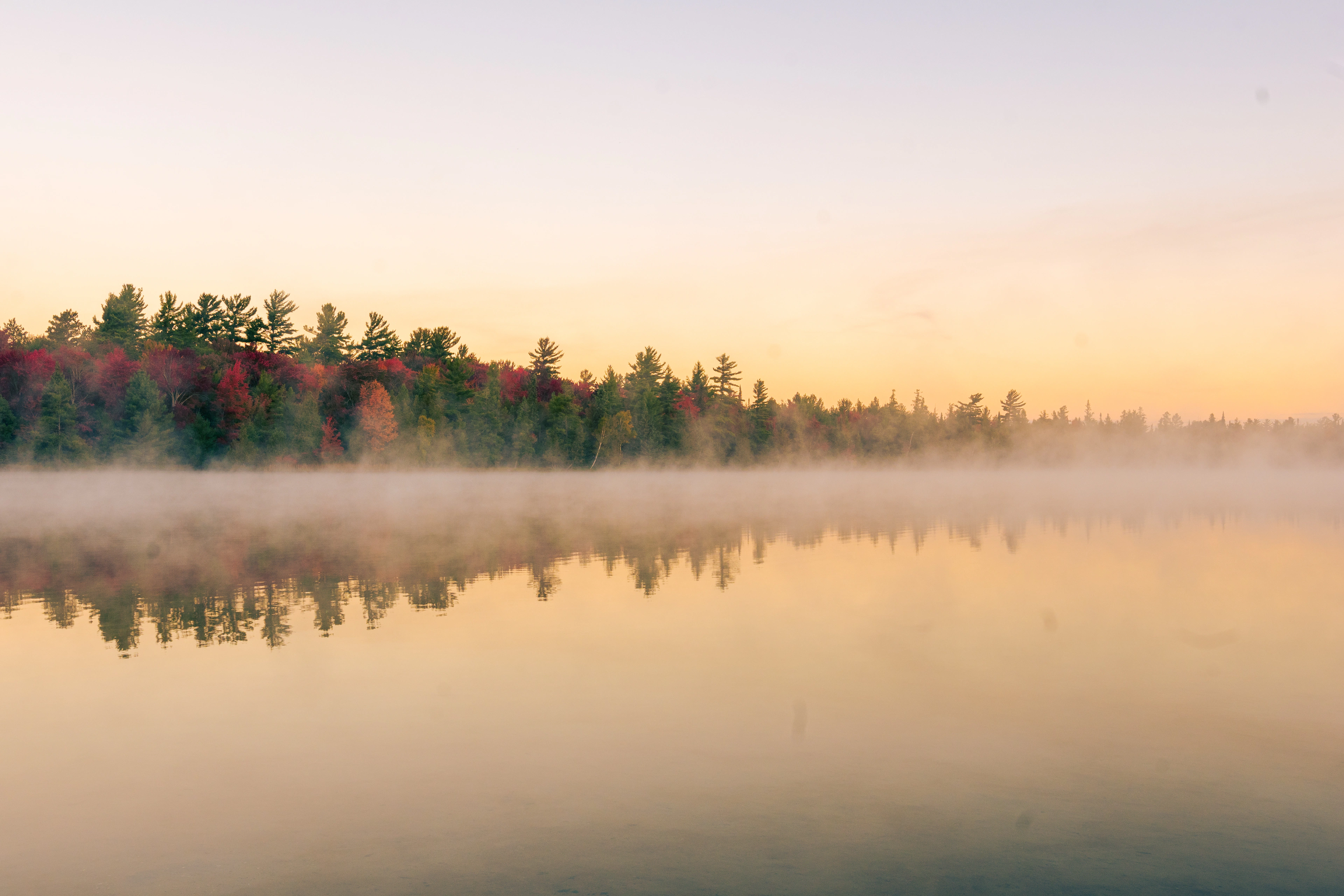 Mist over a still lake at sunrise
