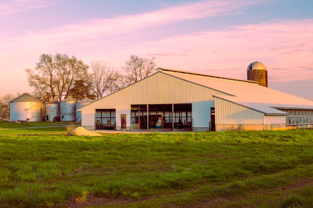 a building with a grass field