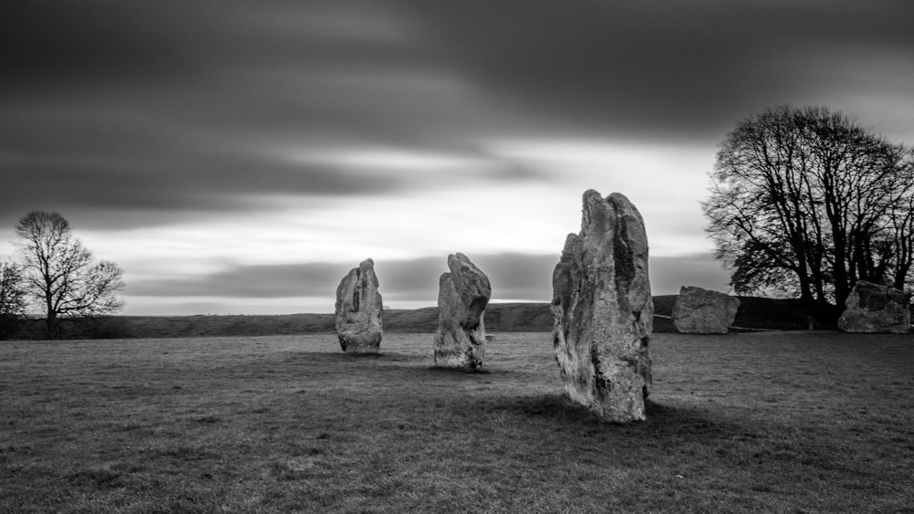 a group of large rocks in a field