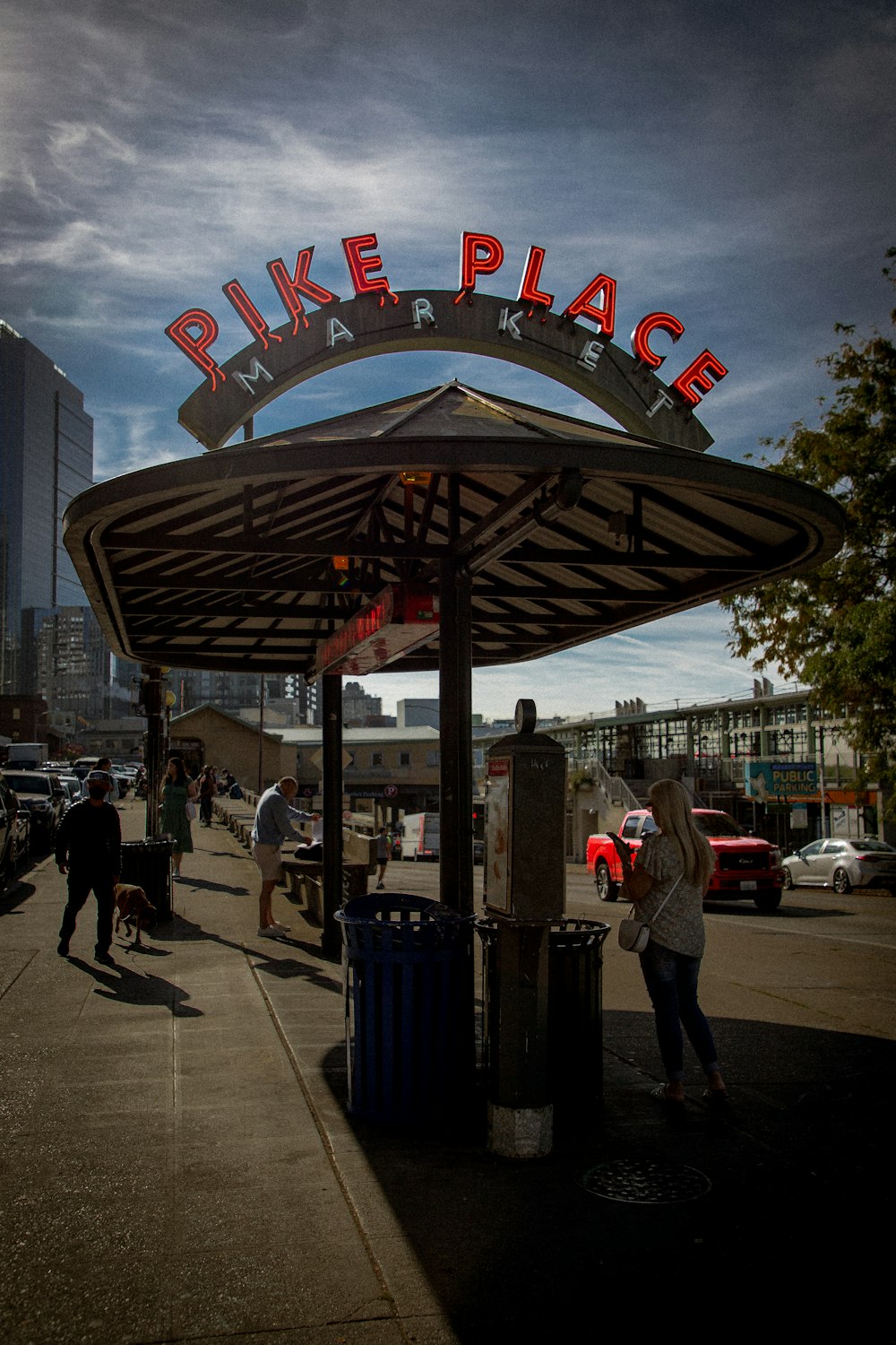 a large sign with a red and white text