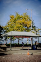 A street view features an entrance structure labeled 'Pike Place Market'. The foreground includes a traffic cone on a cobblestone pavement, while behind the structure, a person stands near a trash bin. Trees with green and yellow leaves provide a backdrop, and a lamppost with a bird on it stands tall. In the distance, the horizon of a body of water is visible.