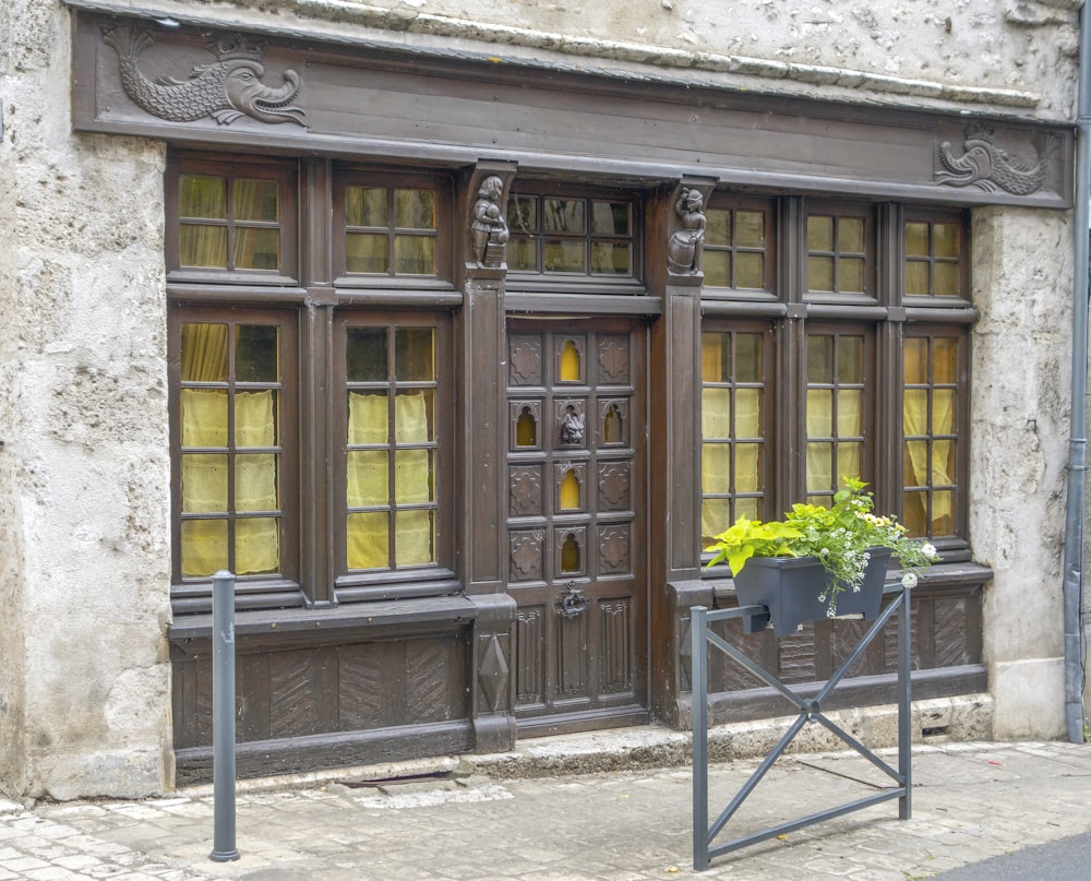 a building with a large door and windows