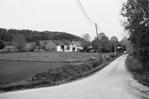 A rustic acreage property featuring open fields and a winding country road