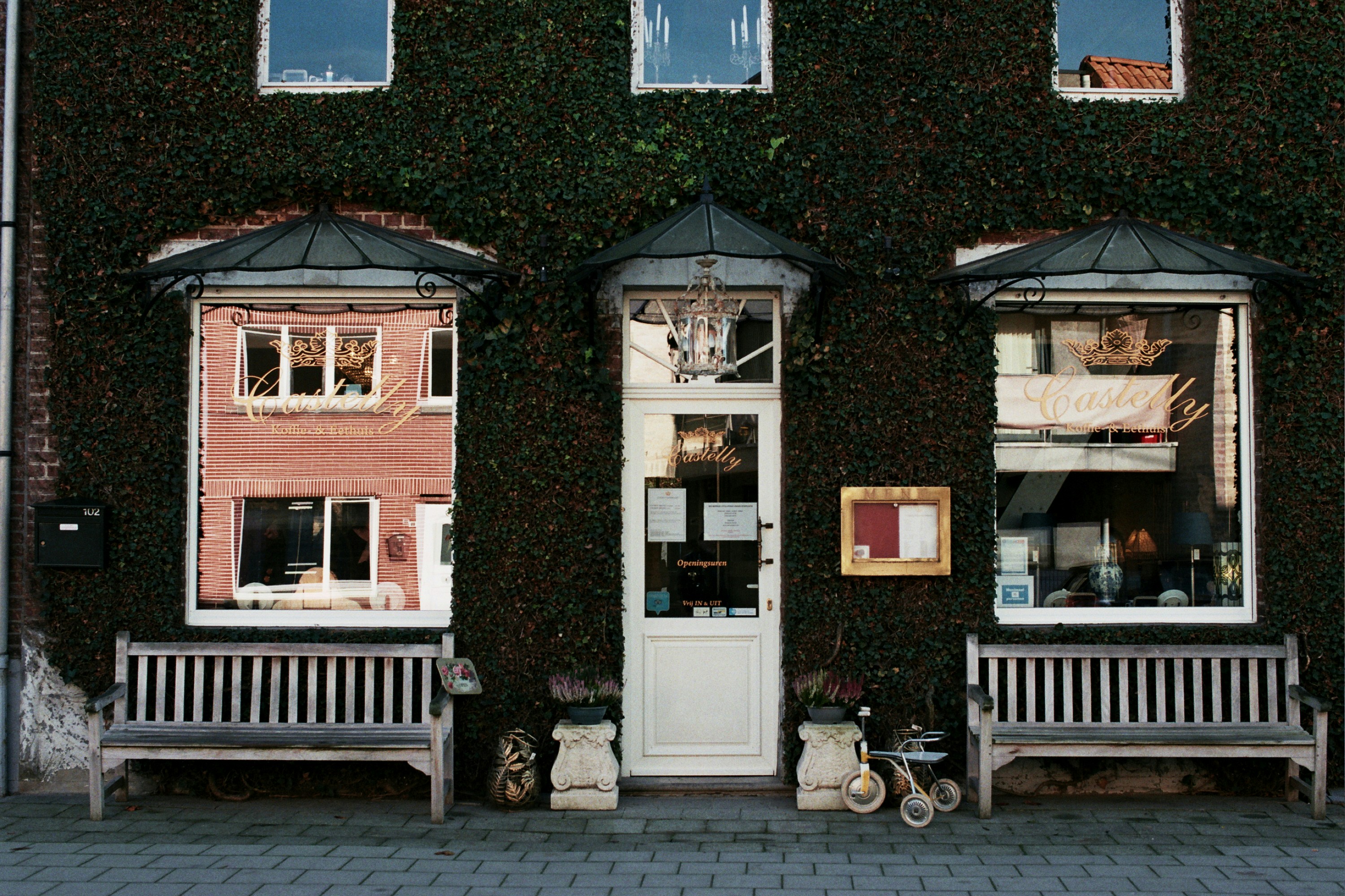 a bench in front of a building