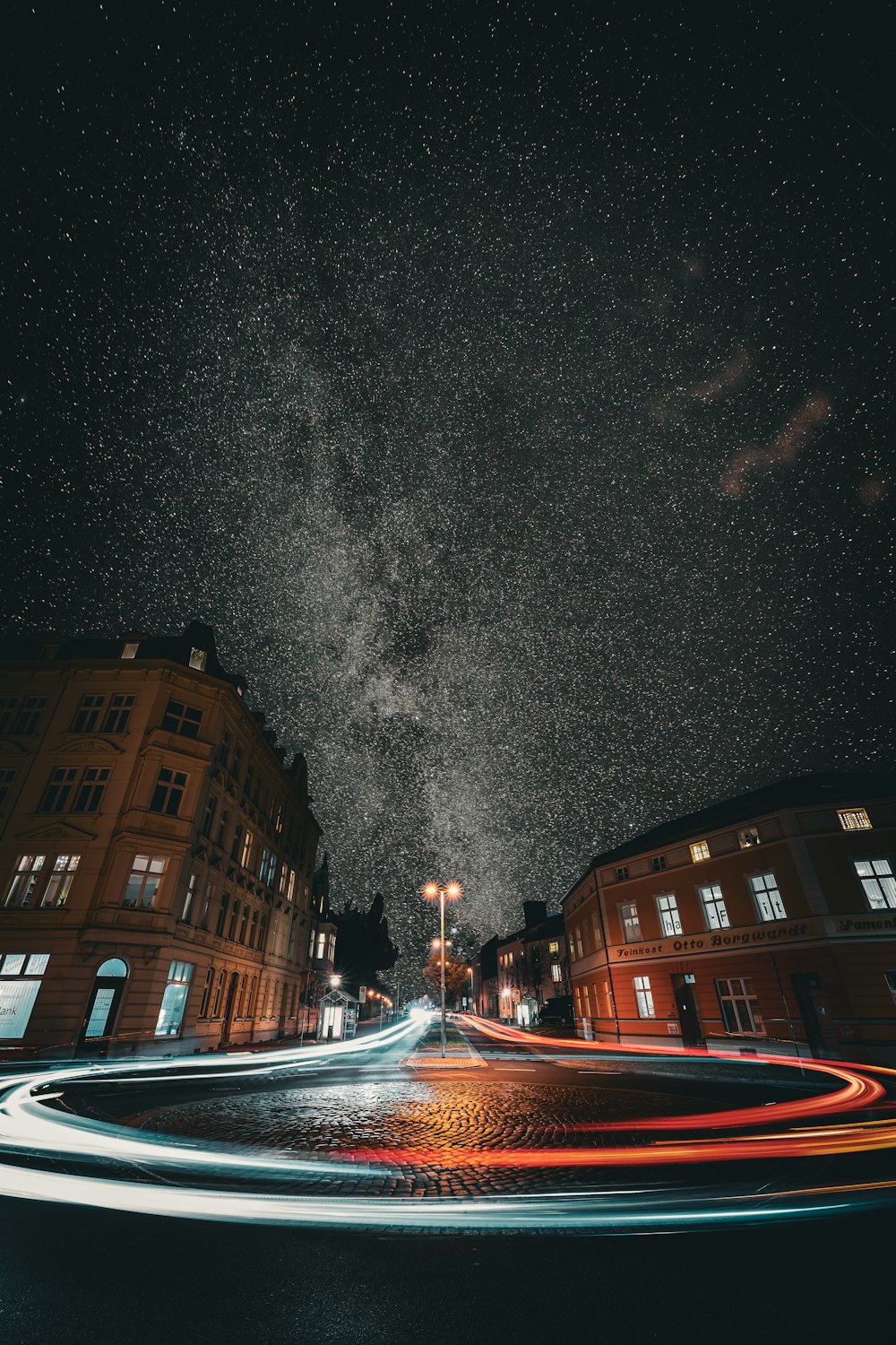 a building with a starry sky above it