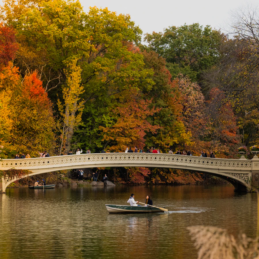 Walkers crossing Bow Bridge over the Lake in Central Park