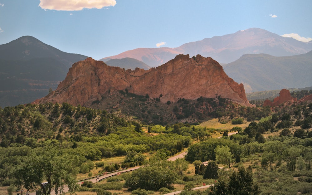 a landscape with trees and mountains in the background