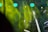 Bright yellow and green stage lights shine through smoke or fog, creating a vibrant and dynamic atmosphere. The background contains graphics with geometric shapes and lines, possibly on a screen.