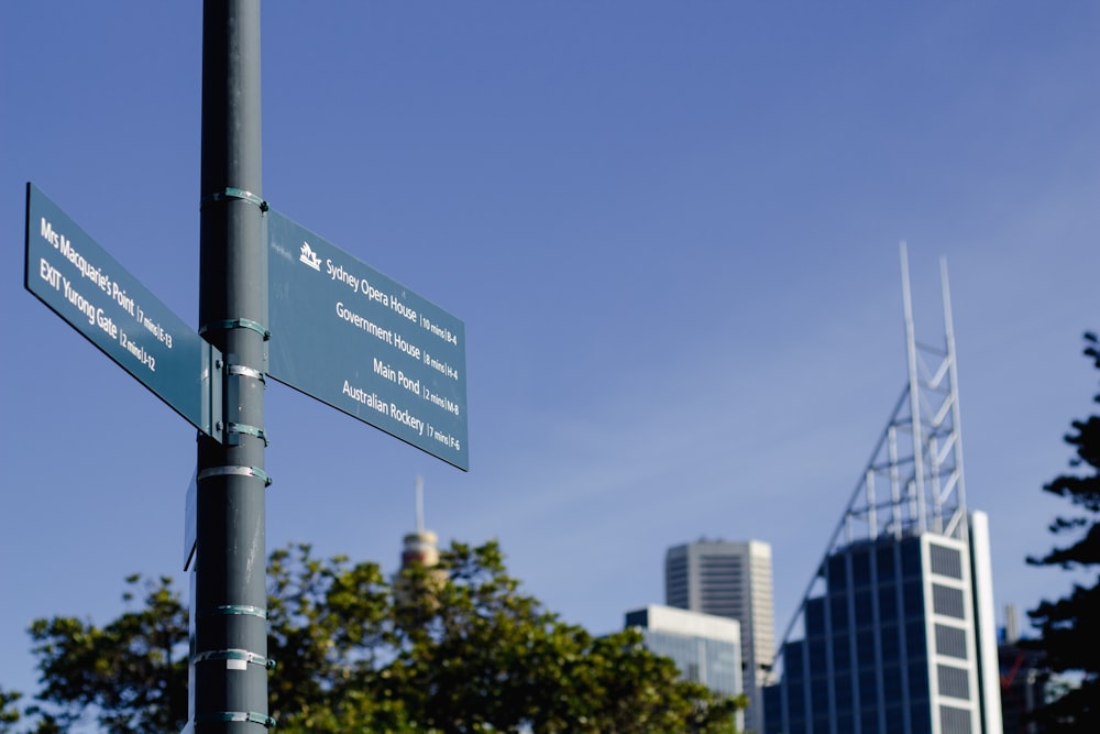 a street sign in front of a city