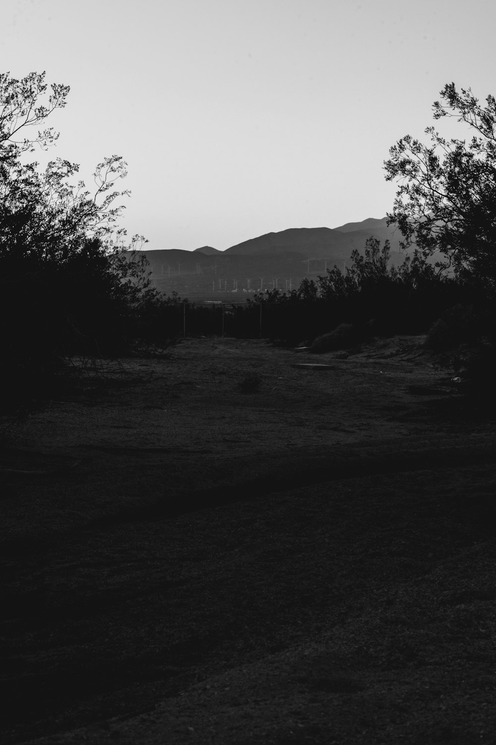 a field with trees and hills in the background