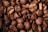A close-up view of numerous roasted coffee beans, showcasing their rich, dark brown color and distinct textures. The beans are densely packed, with some displaying deep grooves and natural imperfections.