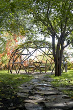 Wooden geodesic dome with greenery under a clear sky.