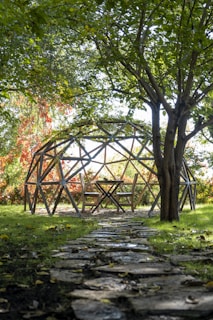 A wooden geodesic dome structure with seating is located in a garden, surrounded by lush greenery and trees. A stone path leads to the dome, and the area is shaded by tree branches with sunlight filtering through. Bright red and orange foliage is visible in the background.