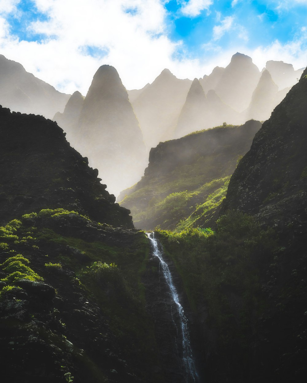 a waterfall in a valley