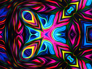 A vibrant kaleidoscope swirl blending colorful musical notes and guitar silhouettes