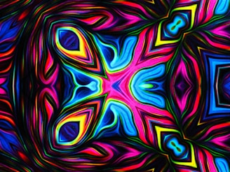 A vibrant, swirling kaleidoscope pattern glowing with rich colors, illustrating the dynamic designs users can create.