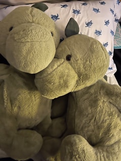 Two soft, green dinosaur plush toys are nestled closely together. They have soft, round bodies and large snouts, and their eyes are small and dark. The background features a pillow with a turtle pattern in blue.