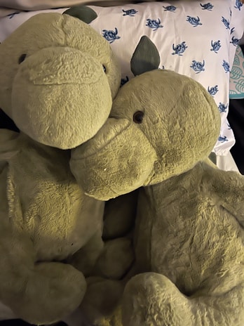 Two soft, green dinosaur plush toys are nestled closely together. They have soft, round bodies and large snouts, and their eyes are small and dark. The background features a pillow with a turtle pattern in blue.