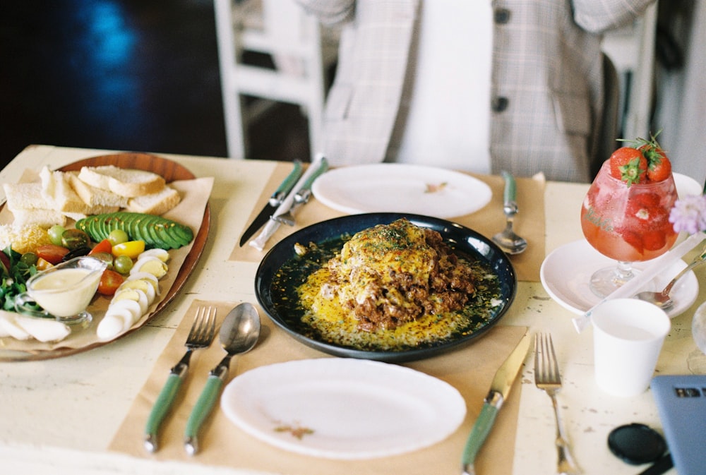 a table with plates of food