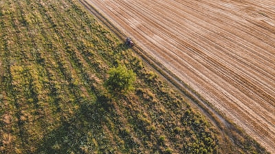 An aerial view of a large agricultural field divided into two sections. The left side features a green grassy area with patches of vegetation, while the right side consists of a freshly tilled or harvested brown soil field. A solitary tree stands near the center, and a small tractor is visible near the dividing line between the two sections.