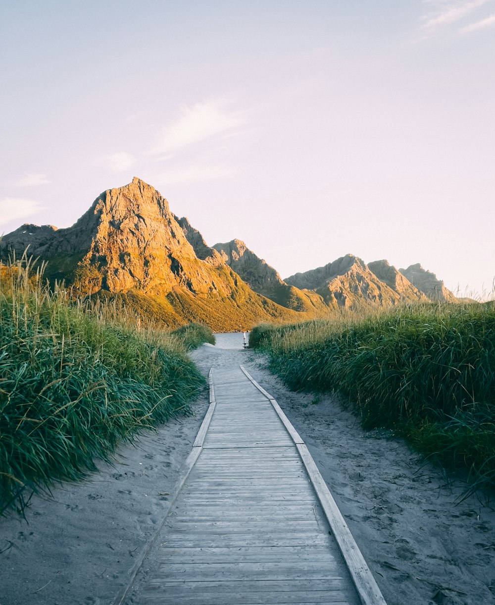 a wooden walkway leading to a mountain