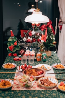 a table with food and a statue