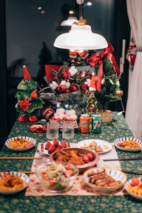 a table with food and a statue