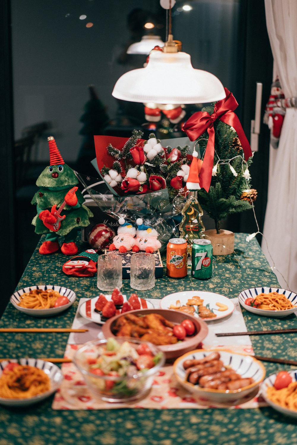 a table with food and a statue