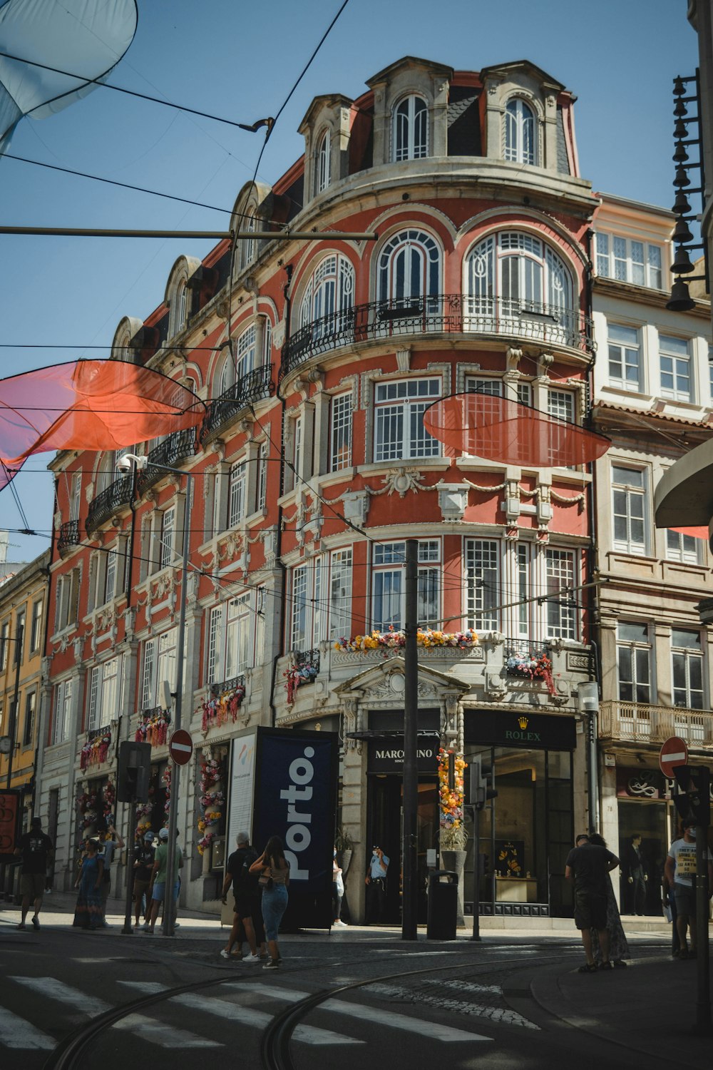 a building with a red umbrella