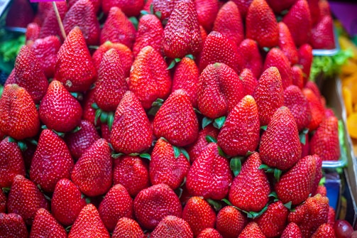 A large collection of bright red strawberries arranged in neat rows. The strawberries are fresh, glossy, and have green leaves at their tops, giving a vibrant and appetizing appearance.